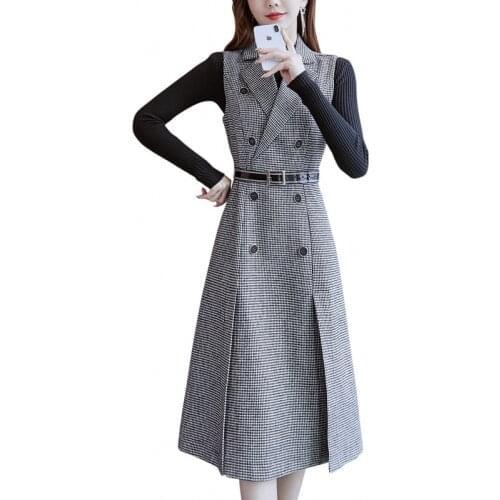 Spring autumn vintage Houndstooth notched collar vest woolen dress women slim double breasted ol split a-line dress