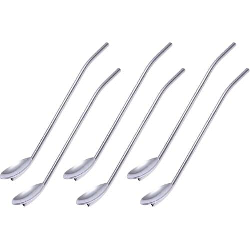 6 Pcs/Pack Stainless Steel Oval Shape Metal Drinking Spoon Straw Reusable Straws Cocktail Spoons Set(Primary Color) A35