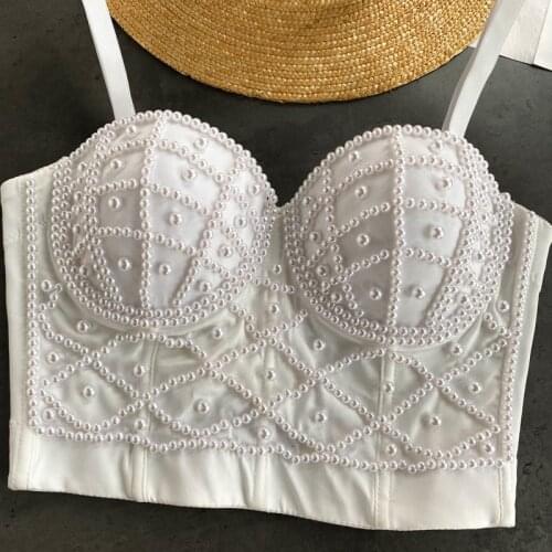 Beaded Sexy Bra Camisole Women Sleeveless Open Back Tank Tops Vest White Corset Crop Top High Waist Sequined Tight Top Female