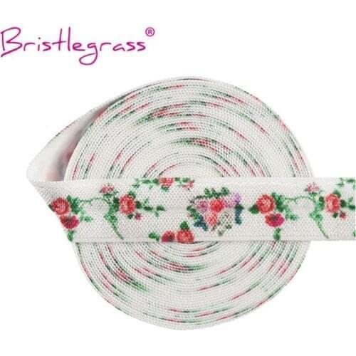BRISTLEGRASS 100 Yard by Roll 5/8" 15mm Leafy Rose Flower Print FOE Fold Over Elastics Spandex Satin Bands Hair Tie Dress Sewing