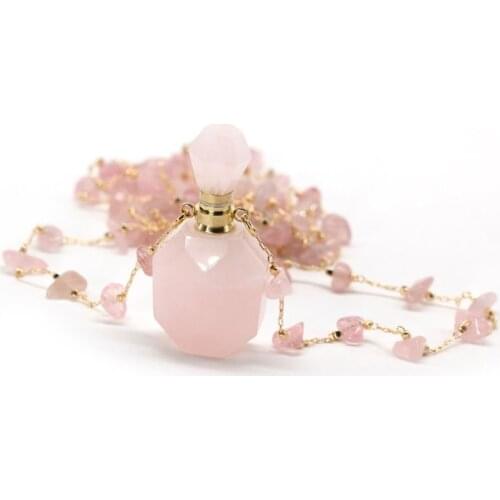 FYJS Unique Light Yellow Gold Color Natural Rose Pink Quartz Pendant Perfume Bottle Necklace with Stone Chain Jewelry