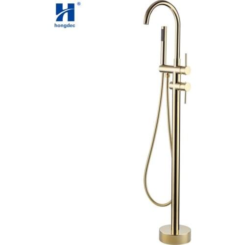 Hongdec Modern Bathroom Brushed gold Floor Mount Free Standing Bathtub Faucet Shower System