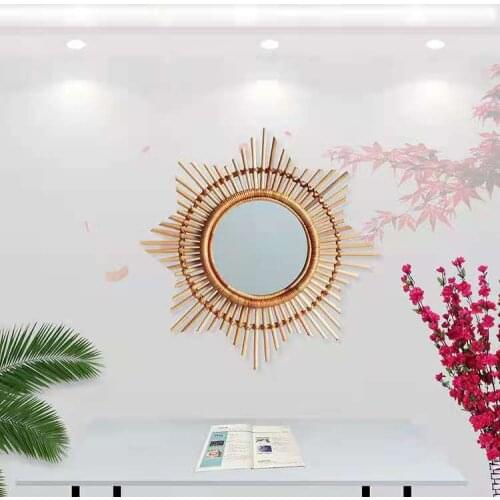 Rattan Innovative Art Decoration Round Makeup Mirror Glass Dressing Bathroom Wall Hang