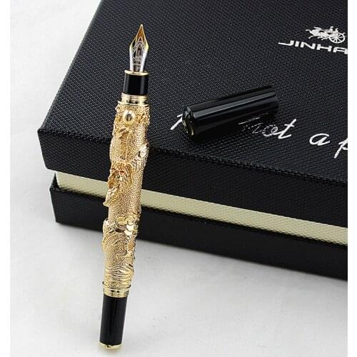 Jinhao Noble Brand Gold Dragon Business Gift Fountain Pen 0.5mm Fine Nib Metal Gold Writing Ink Pens School Office Stationery