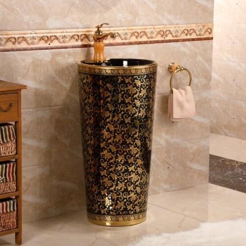 Ceramic Pedestal Washbasin Balcony Floor Bathroom Vertical Pole Basin Household gold pattern Vanity Wash Sink