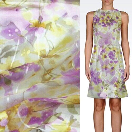 Beautiful!Light purple and yellow floral print silk burnt-out silk fabric 8momme 43" width,SBO013