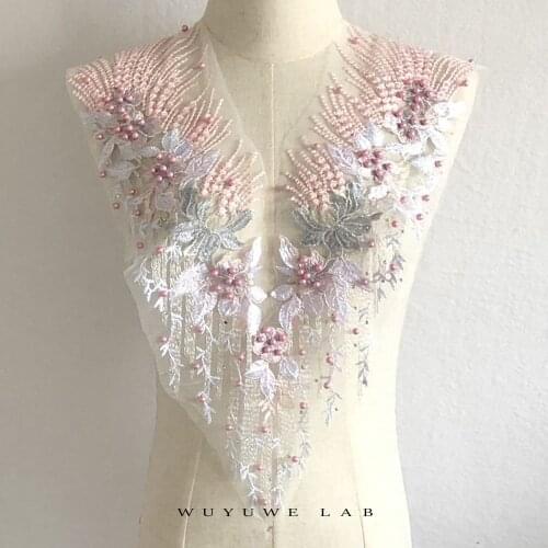 1PC Flower Lace Applique Long Neckline Collar Appliques Dress Veil Mesh Embroidery Lace Trim Fabric Cloth Sewing Patchwork DIY C