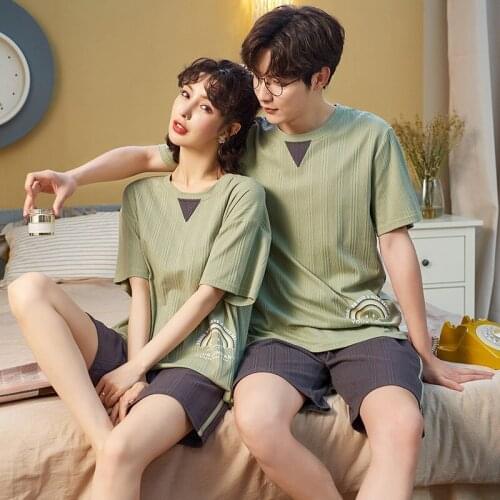 Summer Cotton Couples Pajamas Sets Women Cute Cartoon Rainbow Printed Green Short Sleeve Sleepwear Men Casual Loose Home Suits