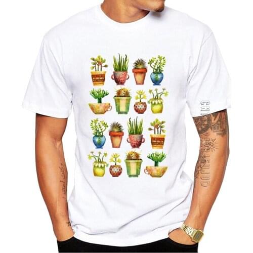 100% Cotton Succulents All in A Row Design Men T-Shirt O Neck Green Plants Printed Graphic Tshirt Casual Tops Summer Tees