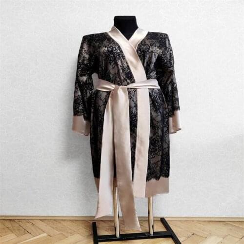 Champagne Night Gown Pure Silk Lace Bride Sleepwear Robes Custom Made Long Sleeves Dressing Gown Women Sexy Sleepwear Dresses