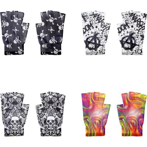 New Adult Halloween Skeleton Skull Half Finger Gloves Stretch Knitted Winter Fingerless Gloves Autumn Garden Gloves Guantes