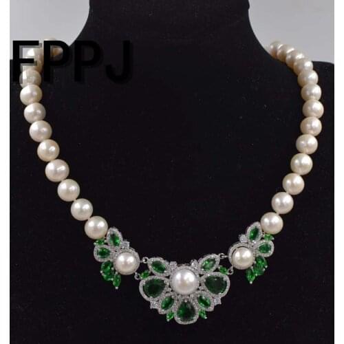 Freshwater Pearl White near round 10-11mm +green zircon Pendant Necklace 45-47cm Wholesale for women xmas gift