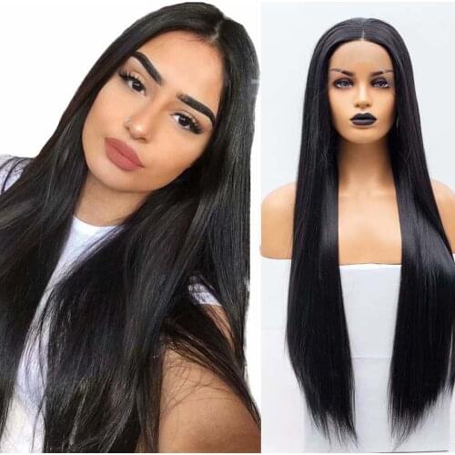 AIMEYA Middle Part Super Long 30inches Black Synthetic Lace Front Wig Silky Straight for Women Half Hand Tied Lace Wigs Everyday