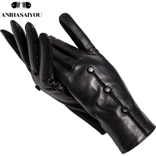 Sheepskin womens leather gloves,High grade leather gloves women,Keep warm mittens womens winter,black womens gloves-718