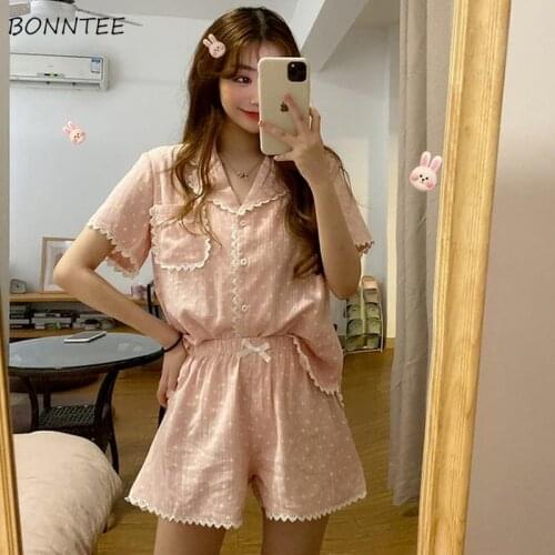 Pajama Sets Women Summer Lace Kawaii Pockets Korean Cute Preppy Sweet Polka-dot Homewear Breathable Daily Simple Nightwear Chic