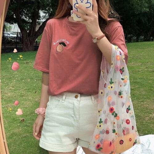Hot Kf-Short Sleeve T-Shirts Women Summer Embroidery Loose Korean Style Simple All-Match Trendy Causal Tees