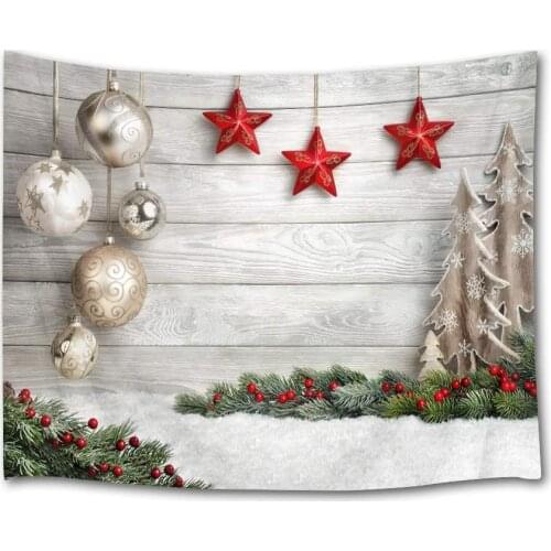 Christmas Tree and Bells Stars on Wooden Plank Backdrop Pine Tree Wall Blanket Xmas Tapestry