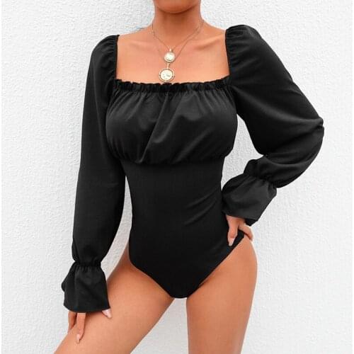 Sexy U Neck Knitted Bodysuit Women Black Long Sleeve Lace-up Rompers Womens Jumpsuit 2020 Casual One-pieces Bodysuits