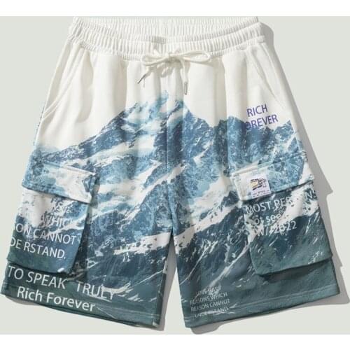 Fashion Letter Snow Mountain Printed Mens Sports Shorts High Quality Casual Straight Loose Drawstring Summer Cargo Shorts Male