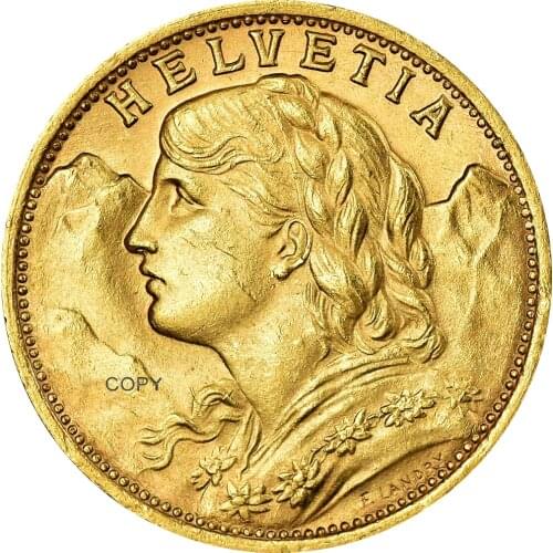 Switzerland Federal State 1927 B Gold 20 Francs Helvetia Copy Coin Brass Metal Replica Coins Collection Commemorative
