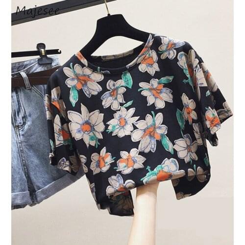 Cropped T-shirt Women Stylish Loose Print Retro All-match Leisure Short Sleeve O-Neck Korean Version Daily Feminino Tops Popular