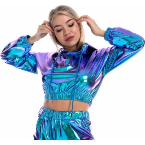 Cropped Holographic Hoodies Women Shiny PU Metallic Hoody Long Sleeve Short Sweatshirt with Drawstring Pullovers Streetwear 2020