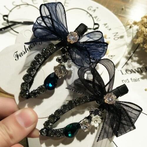 Original Retro Yarn Bow Hairpin Plain Weave Hair Side Clip Crystal Rhinestone Duckbill Clips Elegant Hair Accessories for Girls