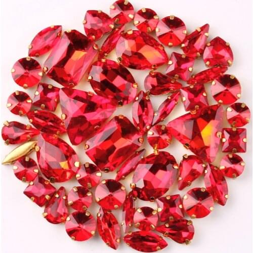 Gold claw setting 50pcs/bag shapes mix Red glass crystal sew on rhinestone wedding dress shoes bags diy trim