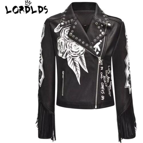 LORDLDS Women Black Leather Jacket Crop Short Full Sleeve Biker Moto Streetwear Ladies Printed Zip Up Tassels Coat and Jackets