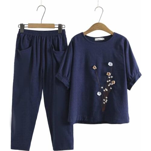 Plus size women clothing O-Neck Short sleeve embroidery t shirt & high waist Casual pants 2021 cotton Womens summer suits