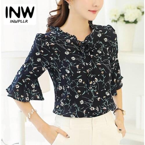 2018 Summer Women Blouses And Tops Floral Print Chiffon Blouse Bow Short Sleeve Female Shirts Plus Size Blusas Femininas