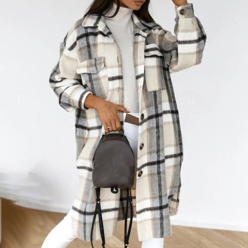 2020 Winter Women Checked Jacket Casual Oversized Turn Down Collar Long Coat Female Thick Warm Woolen Blends Overcoat Streetwear