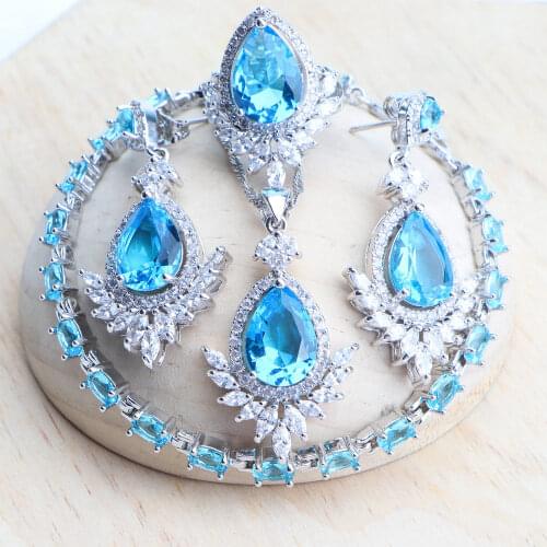 Blue Zircon Women Silver 925 Jewelry Sets Wedding Bridal Costume Jewelry Earrings Rings Stone Pendant Necklace Bracelets Set