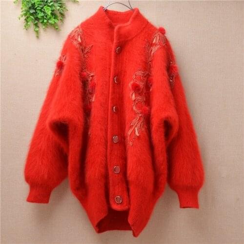 New spring Christmas women red chinese vintage flowers coats jackets Batwing sleeve mink cashmere knit angora fur coats sweater
