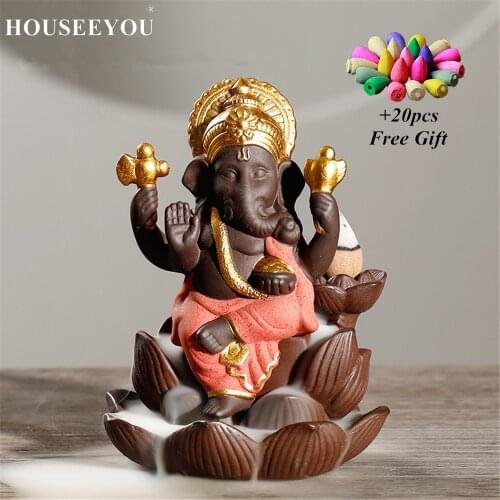 20 Free Incense Cones + Elephant Head God Ganesha Purple Sand Lotus Type Backflow Incense Burner Buddha Statue Thailand Indian