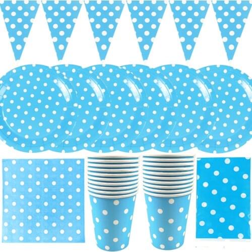 51pcs/lot Birthday Party Light Blue Polka Dots Theme Table Cover Decorate Tablecloth Plates Cup Banner Baby Shower Napkins Flags