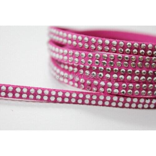 Free Ship 100 Meterse 5mm*1.5mm Magenta Flat Faux Suede Leather Cord With Two Lines Silver Studs