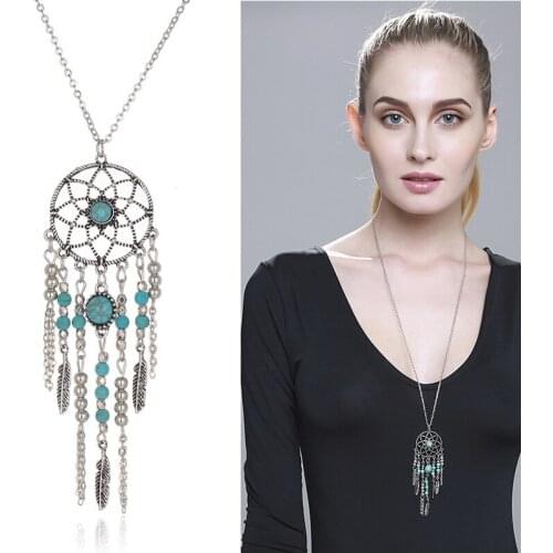 Bohemian Vintage Tassels Leaf Pendant Necklace Fashion Dream Catcher Alloy Pendant Silver Chain Necklace For Women Jewelry
