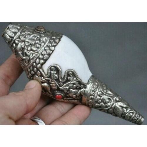 Buddhism shell tibetan inlay silver red coral gem stone conch shell trumpet horn