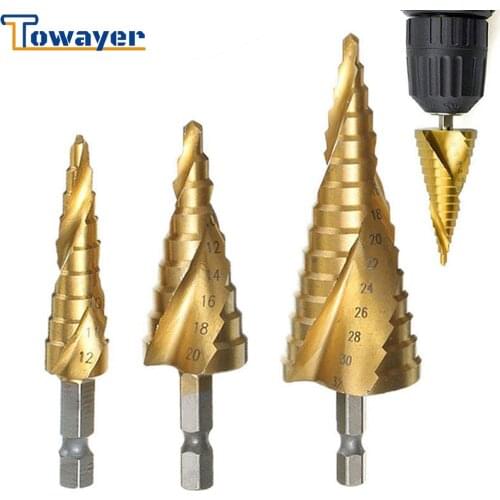HSS Spiral Grooved Step Drill Bit 4-12/20/32mm Wood Drill Bit Set Carbide Mini Drill Accessories Titanium Cone Drills for Metal