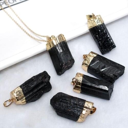 Black tourmaline pendant natural black tourmaline rough electroplating edging diy neck necklace jewelry accessories 5PCS