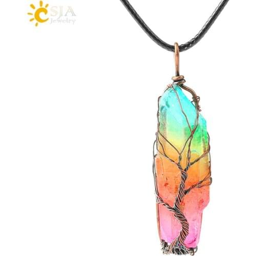 CSJA Colorful Irregular Natural Stone Crystal Pendant Necklace Antique Copper Plated Wire Wrap Tree of Life Pendants Unisex G147