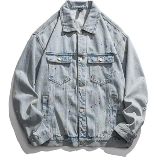Jeans Jacket Men Denim Coat Motorcycle Lapel Single-Breasted Fashion Splash ink Light Blue Street Hip Hop Loose Cowboy Outwear