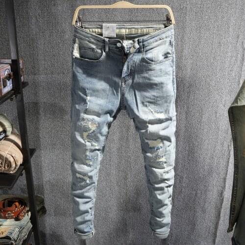 Korean Style Men Jeans Retro Light Blue Elastic Slim Fit Ripped Jeans Men Street Fashion Patchwork Designer Denim Pencil Pants
