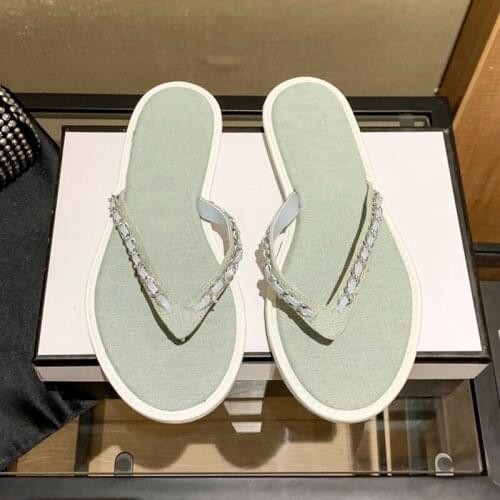 Flip Flop Women Slippers Light Green Denim Sandals Summer Chain Decoared Sliders Simple Design Female Shoes Flat Cozy