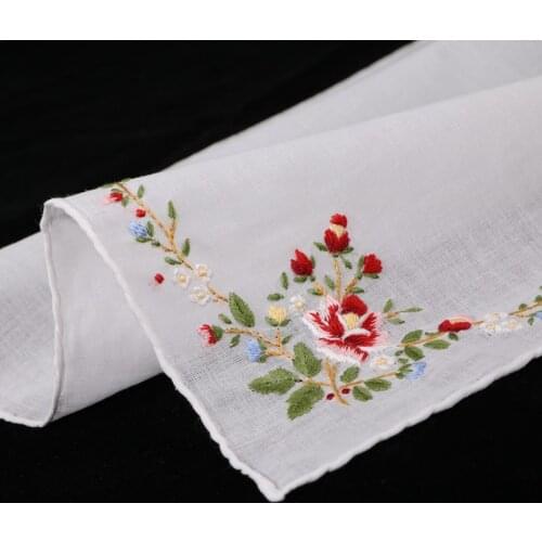 S005-R: Delicate 100% cotton Handmade Embroidered/ hand embroidery red rose handkerchief