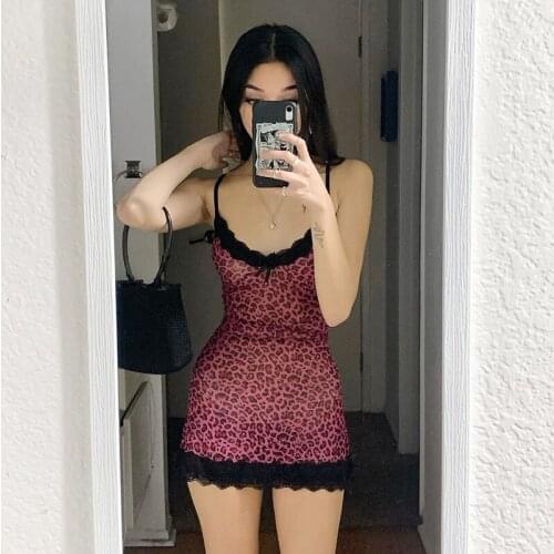 Summer Animal Leopard Printed Mini Dress Patchwork Lace Frill Sexy Bodycon Dress Women Y2K Sleeveless Strappy Dress