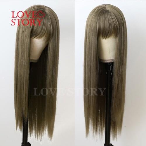 Lovestory Silky Straight Synthetic None Lace Wig #12 Heat Reisistant Synthetic Replacement Hair Wig With Bang For Women