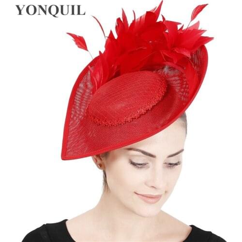 Fashion Ladies Red Bridal Derby Pillbox Hat With Feather Flower Imitation Sinamay Lace Hat Women Wedding Hair Accessories SYF745