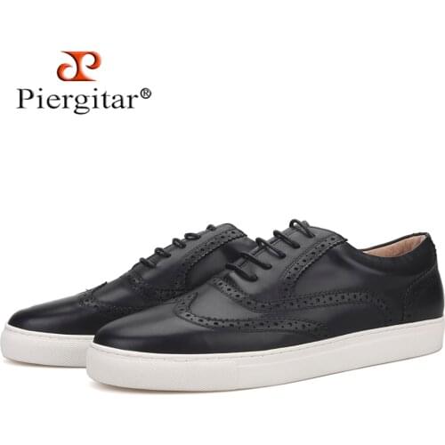 Piergitar 2020 new design genuine leather brogue style men sneakers handcrafted men casual shoes lace up men shoes white bottom